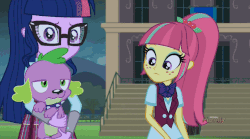Size: 826x460 | Tagged: safe, screencap, sci-twi, sour sweet, spike, spike the regular dog, twilight sparkle, dog, equestria girls, g4, my little pony equestria girls: friendship games, animated, canterlot high, discovery family logo, glasses, loose hair, op, op is a duck (reaction image), ponytail, reaction image, stairs