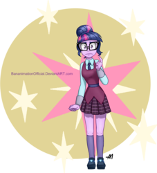 Size: 2163x2380 | Tagged: safe, artist:bananimationofficial, sci-twi, twilight sparkle, equestria girls, g4, my little pony equestria girls: friendship games, clothes, crystal prep academy, crystal prep academy uniform, crystal prep shadowbolts, female, glasses, high res, looking at you, necktie, school tie, school uniform, schoolgirl, signature, skirt, solo
