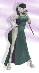 Size: 1040x1920 | Tagged: safe, artist:doomy, octavia melody, earth pony, anthro, unguligrade anthro, g4, beautiful, big breasts, bow (instrument), breasts, busty octavia melody, clothes, dress, female, hand on hip, hooves, leg focus, legs, looking at you, shoulderless, side slit, simple background, solo