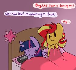 Size: 1280x1177 | Tagged: dead source, safe, artist:estrill, sunset shimmer, twilight sparkle, alicorn, pony, unicorn, g4, astraphobia, bae, bby, bed, dialogue, duo, eyes closed, female, hug, lesbian, mare, sad, ship:sunsetsparkle, shipping, smiling, speech bubble, that pony sure does love books, twilight sparkle (alicorn)