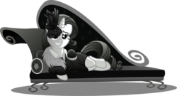 Size: 1024x551 | Tagged: safe, artist:seahawk270, rarity, g4, rarity investigates, bedroom eyes, clothes, couch, fainting couch, female, grayscale, monochrome, noir, on side, solo, trenchcoat