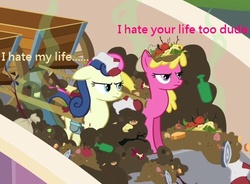 Size: 532x391 | Tagged: source needed, safe, edit, edited screencap, screencap, bon bon, cherry berry, sweetie drops, earth pony, pony, g4, putting your hoof down, season 2, bon bon is not amused, cart, female, mare, sing a song of patrick, spongebob squarepants, trash