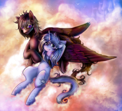 Size: 808x738 | Tagged: safe, artist:limreiart, oc, oc only, pegasus, pony, unicorn, cloud, cloudy