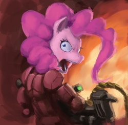 Size: 2999x2932 | Tagged: safe, artist:redustheriotact, pinkie pie, earth pony, anthro, g4, angry, angry pie, armor, female, fire, gun, high res, looking back, machine gun, rage face, science fiction, solo, war face