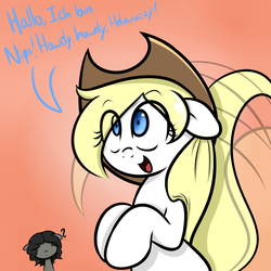 Size: 1500x1500 | Tagged: safe, artist:fullmetalpikmin, oc, oc only, oc:aryanne, oc:nikita, pony, squirrel, :<, aryan, aryan pony, aryanbetes, bipedal, confused, cowboy hat, cute, floppy ears, german, hat, head tilt, impersonating, looking at you, movie reference, nazipone, open mouth, question mark, smiling, speech bubble, tail wag, toy story, wondering, yankees