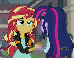 Size: 923x731 | Tagged: safe, edit, screencap, sci-twi, sunset shimmer, twilight sparkle, equestria girls, g4, my little pony equestria girls: friendship games, censored, hand, holding hands, lewd, messy mane, pixelated, unnecessary censorship