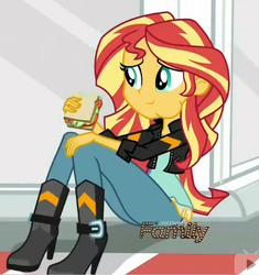 Size: 463x492 | Tagged: safe, screencap, sunset shimmer, equestria girls, g4, my little pony equestria girls: friendship games, cute, eating, female, herbivore, krystal can't enjoy her sandwich, puffy cheeks, sandwich, shimmerbetes, sitting, smiling, solo