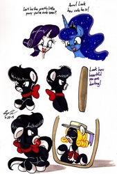 Size: 1024x1512 | Tagged: safe, artist:newyorkx3, princess luna, rarity, oc, oc:tommy junior, g4, bow, colt, comic, crossed hooves, dialogue, dressup, female, foal, grumpy, hat, male, mare, mirror, neck bow, open mouth, open smile, smiling, tongue out, traditional art