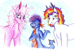 Size: 2098x1406 | Tagged: safe, artist:animagicworld, master kenbroath gilspotten heathspike, pinkie pie (g3), sunny daze (g3), g3, traditional art