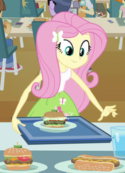 Size: 359x500 | Tagged: safe, screencap, fluttershy, equestria girls, g4, my little pony equestria girls, burger, clothes, female, skirt, tank top