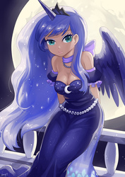 Size: 707x1000 | Tagged: safe, artist:amy30535, princess luna, human, cleavage, clothes, dress, female, horned humanization, humanized, looking at you, moon, solo, winged humanization