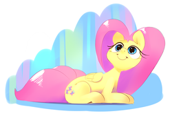 Size: 2280x1535 | Tagged: safe, artist:ditzydewdrop, fluttershy, pegasus, pony, g4, female, looking up, lying down, mare, prone, simple background, smiling, solo