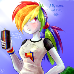 Size: 2100x2100 | Tagged: safe, artist:manic-the-lad, rainbow dash, equestria girls, a dash of everything, alternate hairstyle, female, hair over one eye, heart, i'm not cute, inner thoughts, solo, sweat, tsunderainbow, tsundere