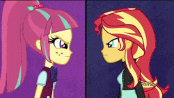 Size: 480x270 | Tagged: safe, screencap, indigo zap, lemon zest, sci-twi, sour sweet, sugarcoat, sunny flare, sunset shimmer, twilight sparkle, acadeca, equestria girls, g4, my little pony equestria girls: friendship games, animated, breaking the fourth wall, butt bump, butt smash, crystal prep shadowbolts, female, fourth wall, ponytail, shadow five, shadow six