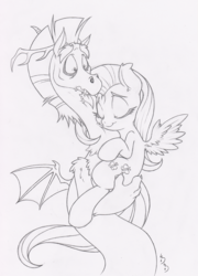 Size: 720x1000 | Tagged: safe, artist:dfectivedvice, discord, fluttershy, g4, female, grayscale, holding, hug, male, monochrome, ship:discoshy, shipping, simple background, straight, traditional art