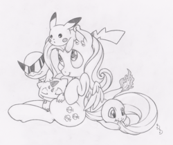 Size: 1000x841 | Tagged: safe, artist:dfectivedvice, fluttershy, bulbasaur, charmander, pegasus, pikachu, pony, squirtle, g4, biting, black and white, crossover, cute, grayscale, looking up, monochrome, pencil drawing, pokémon, pokémon trainer, shyabetes, simple background, sitting, sitting on head, sunglasses, tail, tail bite, traditional art