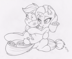 Size: 1000x815 | Tagged: safe, artist:dfectivedvice, applejack, rarity, g4, female, grayscale, holding, kiss mark, lesbian, monochrome, ship:rarijack, shipping, traditional art