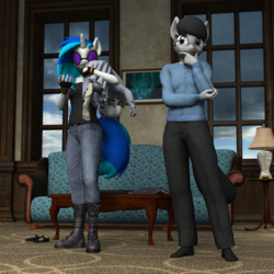 Size: 2500x2500 | Tagged: safe, artist:tahublade7, dj pon-3, octavia melody, silver spoon, vinyl scratch, anthro, plantigrade anthro, g4, 3d, alternate universe, boots, carrying, clothes, couch, daz studio, dress, feet, female, glasses, high res, lesbian, over shoulder, playing, rough housing, ship:scratchtavia, shipping, sisters, socks