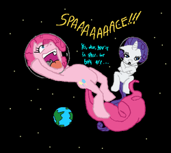 Size: 499x445 | Tagged: artist needed, safe, pinkie pie, rarity, earth pony, pony, unicorn, g4, 1000 hours in ms paint, duo, earth, floating, helmet, planet, portal 2, spaaaaaace, space, stars, zero gravity