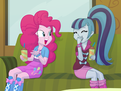 Size: 1064x804 | Tagged: safe, artist:carnifex, pinkie pie, sonata dusk, equestria girls, g4, 7-eleven, clothes, couch, duo, laughing, ponytail, sitting, skirt, slurpee