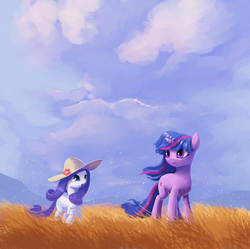 Size: 902x900 | Tagged: dead source, safe, artist:maggwai, rarity, twilight sparkle, pony, unicorn, g4, :o, cloud, cloudy, duo, field, frown, grass, grass field, hat, mountain, open mouth, scenery, unicorn twilight, windswept mane