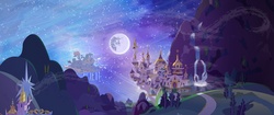 Size: 5120x2160 | Tagged: safe, artist:minty root, dinky's destiny, g4, background, canterlot, cloudsdale, mare in the moon, moon, night, scenery, twilight's castle
