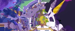 Size: 5120x2160 | Tagged: safe, artist:minty root, dinky's destiny, background, canterlot, canterlot castle, cloudsdale, fisheye lens, from above, night, perspective, scenery, scenery porn, wallpaper, youtube link