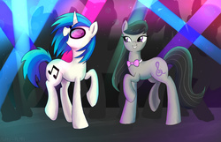 Size: 1400x900 | Tagged: safe, artist:patty-plmh, dj pon-3, octavia melody, vinyl scratch, earth pony, pony, unicorn, g4, dancing, disco, smiling