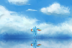 Size: 1590x1070 | Tagged: safe, artist:patty-plmh, rainbow dash, pegasus, pony, g4, female, flying, mare, reflection, solo, water