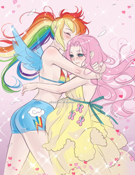 Size: 770x1000 | Tagged: safe, artist:alexielart, fluttershy, rainbow dash, human, g4, artificial wings, ass, augmented, bikini, blushing, butt, clothes, dress, duo, female, heart, hug, humanized, kissing, lesbian, magic, magic wings, ponytail, ship:flutterdash, shipping, sketch, swimsuit, winged humanization, wings