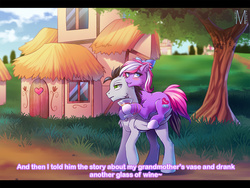 Size: 1500x1126 | Tagged: safe, artist:margony, oc, oc only, carrying, glass, ponies riding ponies, ponyville, riding, scenery, tree