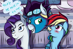 Size: 1024x683 | Tagged: safe, artist:johesy, rainbow dash, rarity, soarin', pony, g4, female, male, ship:soarindash, shipping, straight, sunscreen