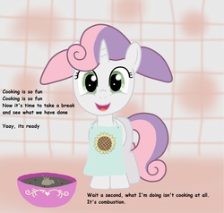 Size: 1886x1796 | Tagged: safe, artist:birdco, sweetie belle, pony, unicorn, g4, apron, azumanga daioh, bowl, bread, clothes, crossover, cute, diasweetes, female, food, liquid toast, mihama chiyo, parody, solo, sweetie belle can't cook, text, toast
