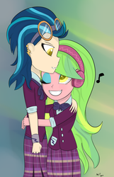 Size: 1440x2237 | Tagged: safe, artist:mit-boy, indigo zap, lemon zest, equestria girls, g4, my little pony equestria girls: friendship games, bowtie, clothes, crystal prep academy, crystal prep academy uniform, crystal prep shadowbolts, female, goggles, headphones, hug, lesbian, looking at each other, music notes, one eye closed, pleated skirt, school uniform, ship:lemonzap, shipper on deck, shipping, signature, skirt, wristband