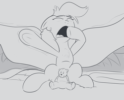 Size: 1024x832 | Tagged: safe, artist:cosmonaut, rainbow dash, g4, eyes closed, female, monochrome, sleepy, solo, strategically covered, underhoof, waking up, yawn