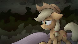 Size: 1280x720 | Tagged: safe, artist:marsminer, applejack, earth pony, pony, undead, zombie, zombie pony, g4, applejack's hat, blonde hair, blonde mane, blonde tail, commission, complex background, cowboy hat, ears back, female, floppy ears, frown, green eyes, gritted teeth, hair tie, hat, looking at something, mare, orange coat, orange fur, solo, tail, teeth, yellow hair, yellow mane, yellow tail, zombie apocalypse