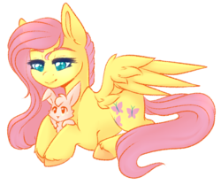 Size: 699x585 | Tagged: safe, artist:sightlesskitten, angel bunny, fluttershy, pegasus, pony, g4, looking down, prone, simple background, smiling, spread wings, transparent background, wings