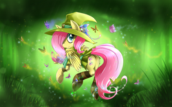 Size: 2520x1575 | Tagged: safe, artist:malifikyse, fluttershy, butterfly, pegasus, pony, g4, butt, clothes, female, grass, green background, plot, simple background, socks, solo, sparkles, striped socks, witch