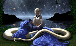 Size: 1800x1096 | Tagged: source needed, useless source url, safe, artist:foxi-5, princess luna, lamia, original species, g4, brushing, elf ears, eyes closed, grass, impossibly long tail, lake, long mane, night, outdoors, prone, sleeping, stars, strategically covered