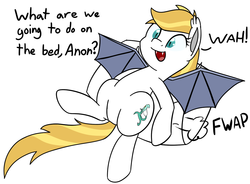 Size: 1083x797 | Tagged: safe, artist:lux, oc, oc only, oc:florence, bat pony, pony, bed, dialogue, lying down, on back, on bed, pillow, simple background, solo, wah, what are we gonna do on the bed?, white background