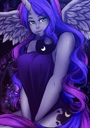 Size: 678x960 | Tagged: safe, artist:kirael-art, princess luna, human, g4, big breasts, breasts, busty princess luna, female, horn, horned humanization, humanized, pony coloring, solo, spread wings, winged humanization