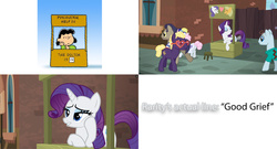 Size: 1992x1073 | Tagged: safe, edit, edited screencap, screencap, blue peeler, charlie horse, pearly stitch, rarity, winning goal, earth pony, pony, unicorn, g4, made in manehattan, advice, butt, cent sign, charlie brown, concession stand, female, good grief, lucy van pelt, lucy's advice booth, male, mare, peanuts, plot, reference, stallion