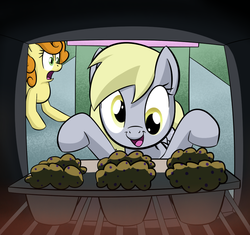Size: 1000x940 | Tagged: safe, artist:lamia, carrot top, derpy hooves, golden harvest, pegasus, pony, g4, female, imminent darwin award, mare, muffin, oven, this will end in pain, too dumb to live