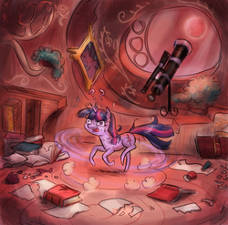 Size: 1000x989 | Tagged: safe, artist:king-kakapo, twilight sparkle, pony, unicorn, g4, blood moon, book, eclipse, female, golden oaks library, lunar eclipse, mare, messy, messy mane, moon, open mouth, panic, plewds, question mark, running, solo, spinning, sweat, telescope, twilight snapple, twilighting, wide eyes