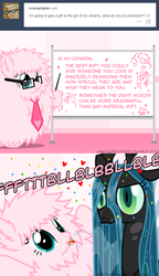 Size: 650x1125 | Tagged: safe, artist:mixermike622, queen chrysalis, oc, oc:fluffle puff, tumblr:ask fluffle puff, g4, :<, :p, :t, also hugs, ask, canon x oc, drool, female, glasses, lesbian, necktie, onomatopoeia, professor poof, raspberry, raspberry noise, ship:chrysipuff, shipping, spit, tongue out, tumblr, unamused, wet