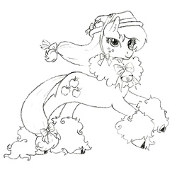 Size: 652x652 | Tagged: safe, artist:arkeindzel, applejack, hybrid, sheep, g4, bell, bell collar, bow, cloven hooves, collar, female, hair bow, hat, monochrome, solo, tail bow, traditional art, unshorn fetlocks