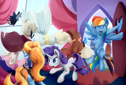 Size: 1481x1000 | Tagged: safe, artist:scootiebloom, rainbow dash, rarity, sassy saddles, g4, my little pony: friendship is magic, rarity investigates, eyes closed, mannequin, scene interpretation