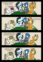 Size: 2480x3507 | Tagged: safe, artist:bobthedalek, oc, oc only, oc:kettle master, oc:star peace, oc:tilly towell, earth pony, griffon, pony, bed, caring for the sick, cold, comic, eyeroll, frown, glare, glasses, grumpy, high res, medicine, nose wrinkle, raised eyebrow, red nosed, sick, sitting, thinking, wide eyes