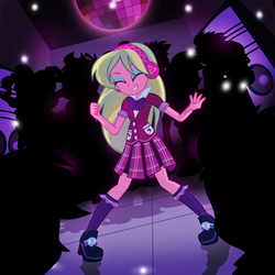 Size: 1024x1024 | Tagged: safe, artist:radiantrealm, lemon zest, equestria girls, g4, my little pony equestria girls: friendship games, bowtie, clothes, crystal prep academy, crystal prep academy uniform, crystal prep shadowbolts, cute, dancing, disco ball, eyes closed, female, fist, headphones, plaid skirt, pleated skirt, rave, school uniform, shoes, show accurate, skirt, socks, solo