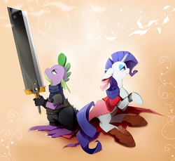 Size: 1300x1190 | Tagged: safe, artist:skyeypony, rarity, spike, g4, aerith gainsborough, boots, clothes, cosplay, costume, crossover, female, final fantasy, final fantasy vii, implied sparity, male, straight, sword, weapon, zack fair